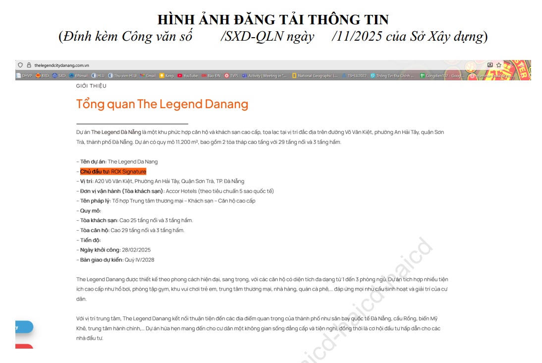 Sở Xây dựng đề nghị Sở Văn hóa, Thể thao và Du lịch kiểm tra, xử lý việc đăng tải
thông tin về chủ đầu tư dự án The Legend City Danang không đúng sự thật
đối với trang https://thelegendcitydanang.com.vn/. Ảnh: Sở Xây dựng.