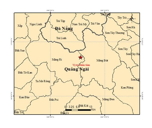 Vị trí tâm chấn động đất 4.0 độ Richter ở xã Măng Ri. Ảnh: Viện Các khoa học Trái đất