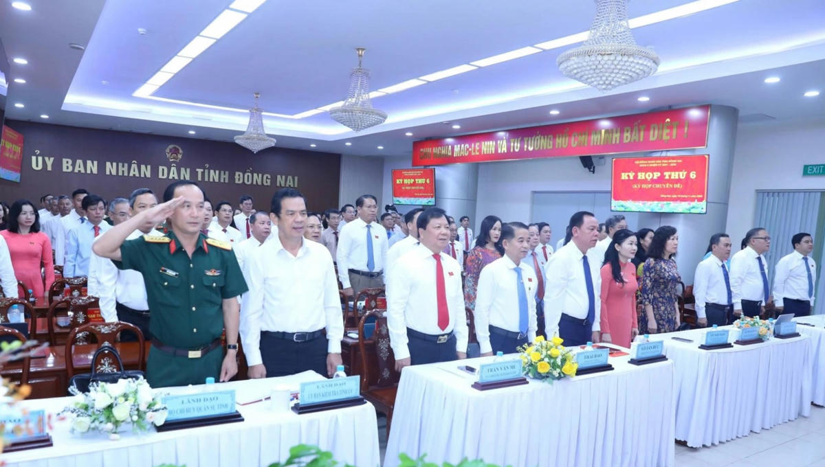 Các đại biểu thực hiện nghi thức chào cờ tại kỳ họp. Ảnh: H.A.