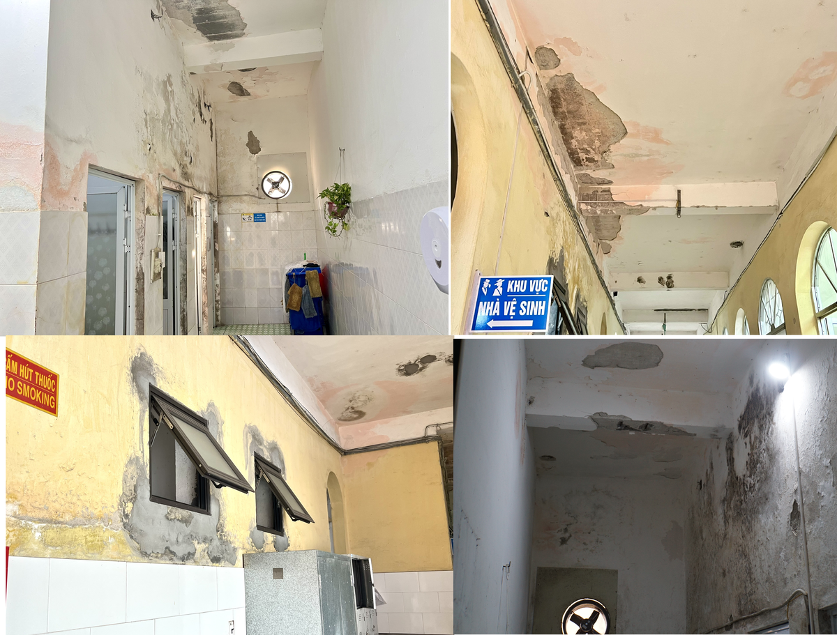 Khu vực nhà vệ sinh Khoa Ngoại thần kinh - Lồng ngực xuống cấp, dù có sửa chữa, gắn vá nhưng chỉ mang tính chất tạm thời.&nbsp;