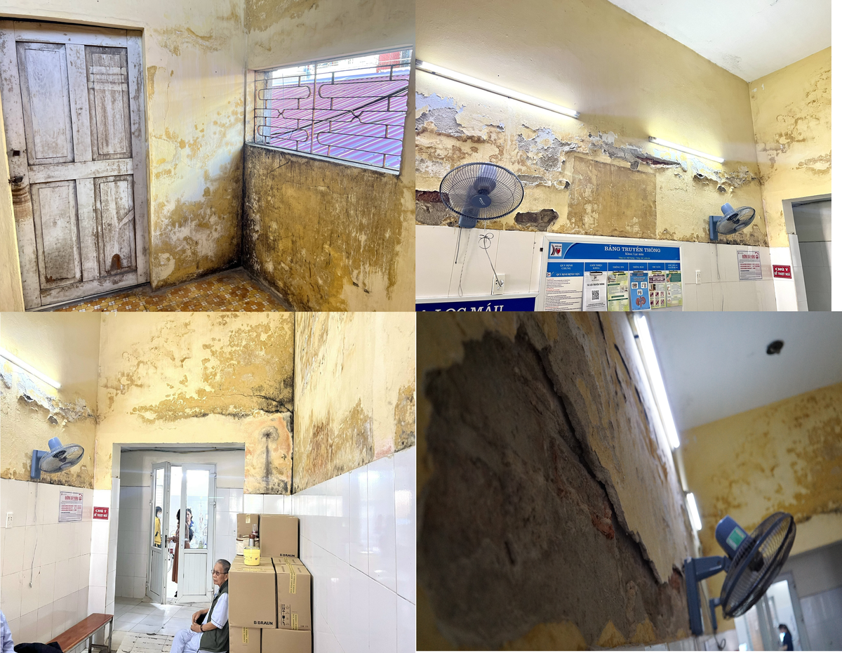 Khu vực khoa lọc máu, khu nhà cấp cứu - Bệnh viện Kiến An có nhiều phòng xuống cấp, tường loang lổ, ngấm dột. Ảnh: PT.&nbsp;