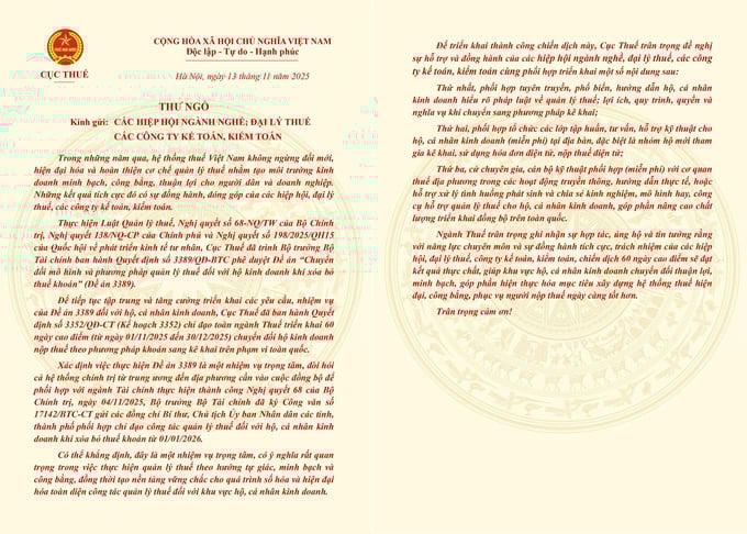 Thư ngỏ của Cục Thuế gửi các hiệp hội ngành nghề, đại lý thuế, các công ty kế toán, kiểm toán. Ảnh:GDT.