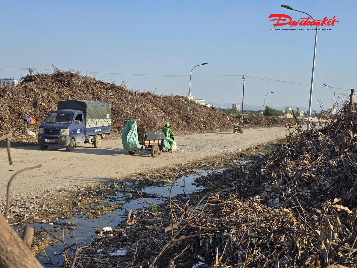 Thậm chí, có nhiều đoạn đường rác chất cao đến 3-4m, trong khi đây là tuyến đường có lưu lượng người tham gia giao thông khá đông đúc. Mỗi khi trời mưa, nước đọng tại các đống rác khiến tình trạng ô nhiễm càng trầm trọng. Ảnh: ĐB