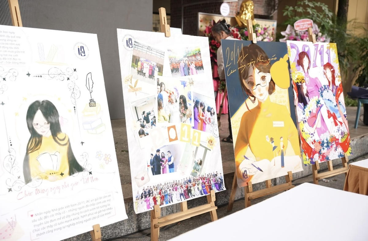 Học sinh Trường THCS&amp;THPT Lương Thế Vinh thiết kế các sản phẩm chúc mừng thầy cô. Ảnh: NTCC