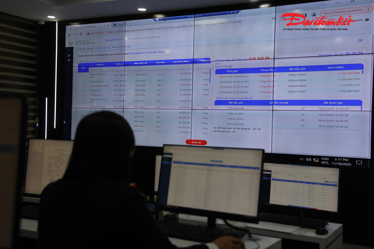 Trong quá trình đấu giá biển số xe, các cán bộ CSGT thuộc Cục CSGT (Bộ Công an) cũng sẽ theo dõi, giám sát các cuộc đấu giá biển số xe thông qua màn hình lớn được kết nối dữ liệu truyền trực tiếp từ Trung tâm giám sát số 2 về Cục CSGT.

