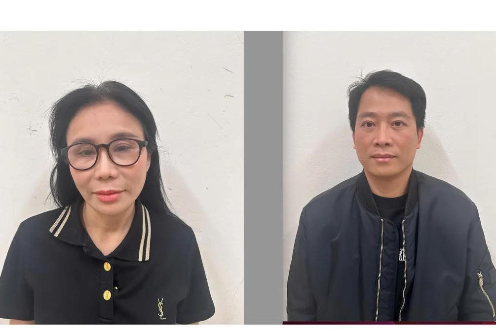 Phan Thị Mai (ngoài cùng bên trái) Giám đốc Công ty TNHH Thẩm mỹ viện Mailisa và chồng là Hoàng Kim Khánh, Tổng Giám đốc Công ty TNHH Sản xuất Thương mại Dịch vụ Xuất nhập khẩu MK Skincare (ảnh: Bộ Công an)