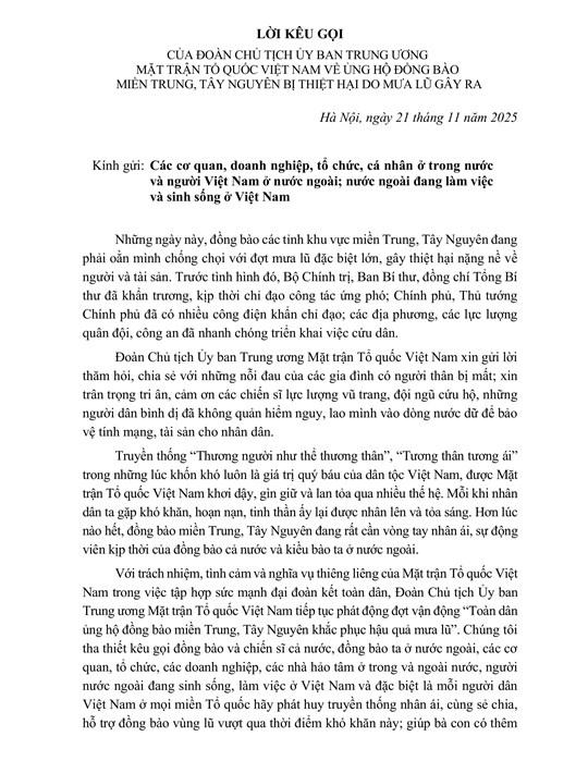 Lời kêu gọi của MTTQ Việt Nam về việc ủng hộ đồng bào khắc phục hậu quả mưa lũ 
