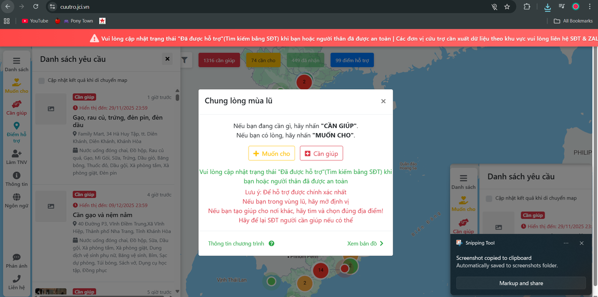 Bản đồ thông tin cứu hộ chiều 24/11. Ảnh chụp màn hình.