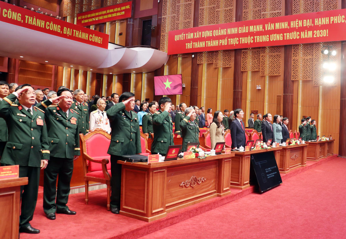 Các đại biểu thực hiện nghi thức chào cờ.