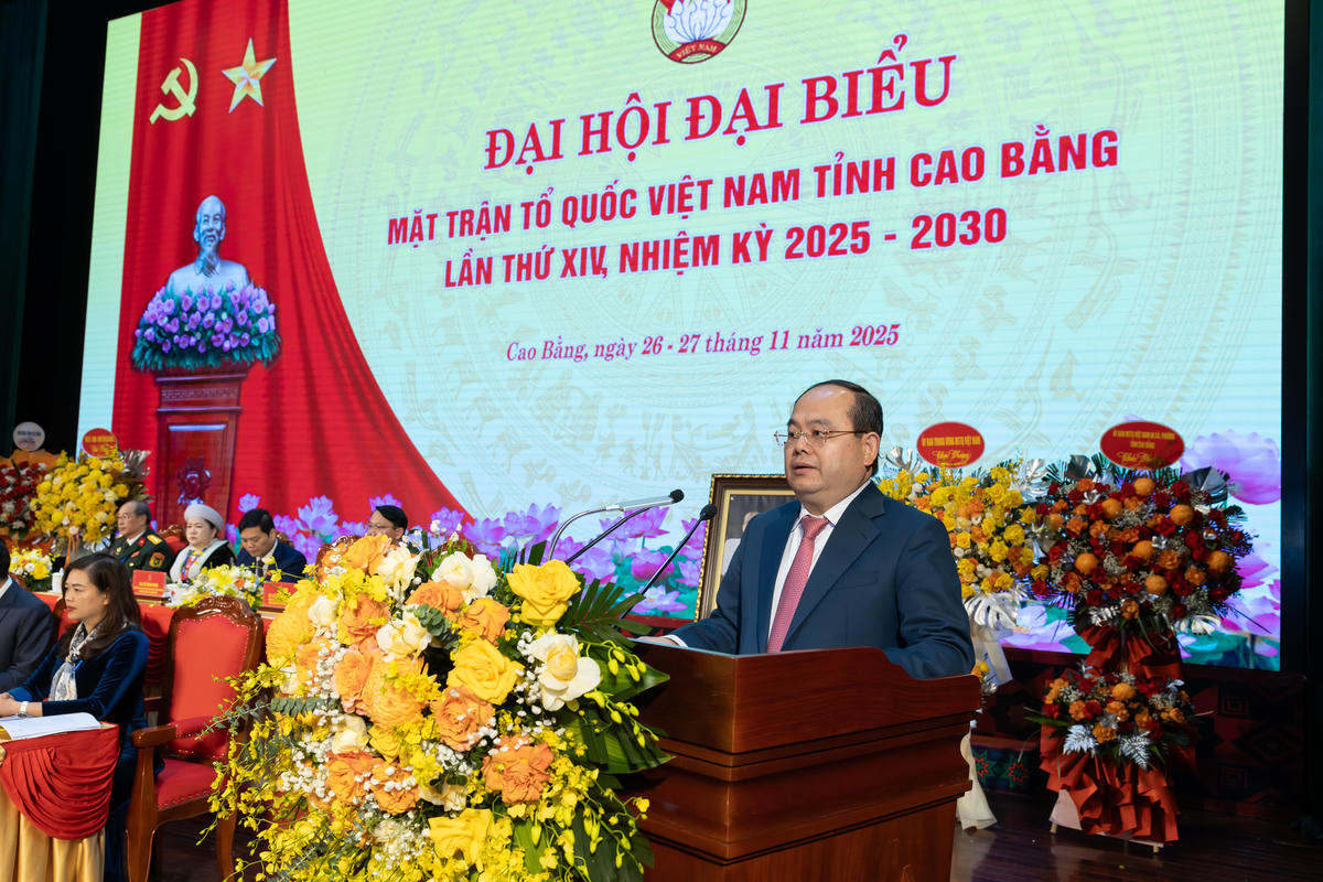 Bí thư Tỉnh ủy Cao Bằng Quản Minh Cường phát biểu tại Đại hội. Ảnh: Thanh Hà.