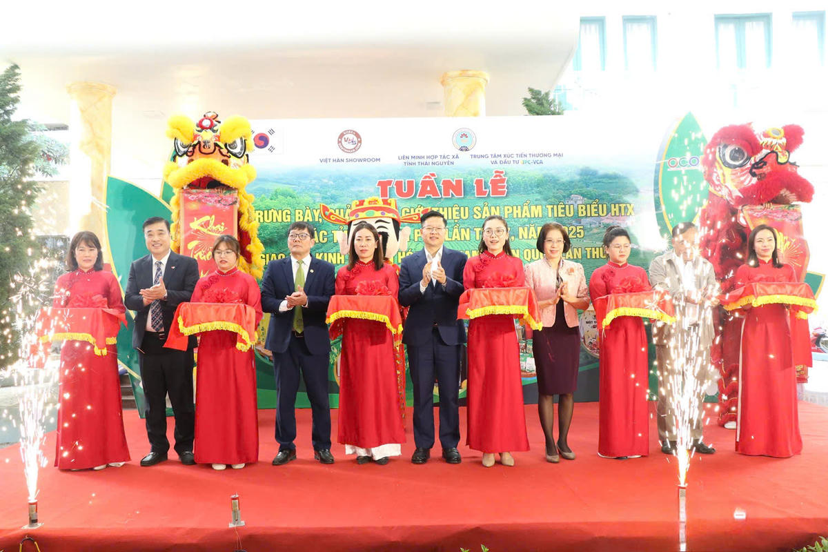 Cắt băng khai mạc Tuần lễ&nbsp;sản phẩm tiêu biểu HTX và Giao lưu kinh tế, văn hóa Việt Nam – Hàn Quốc. Ảnh: TN.