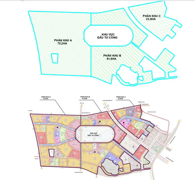 3 phân khu A, B, C, trong đó khu vực công viên trung tâm dự kiến đầu tư công được đề xuất giao cho nhà đầu tư thực hiện. Ảnh: Nguyễn Tú. 