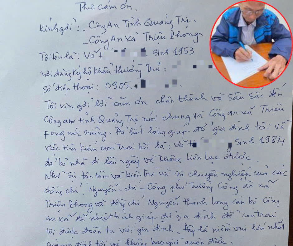 Ông Th. viết thư cảm ơn Công an xã Triệu Phong, Công an tỉnh Quảng Trị đã hỗ trợ, giúp đỡ gia đình ông tìm thấy con trai. Ảnh: CAX.