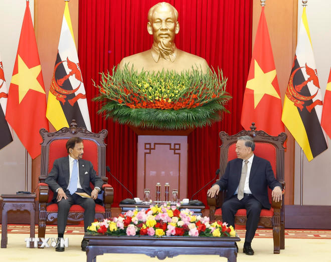 Tổng Bí thư Tô Lâm tiếp Quốc vương Brunei Haji Hassanal Bolkiah. (Ảnh: Thống Nhất/TTXVN).