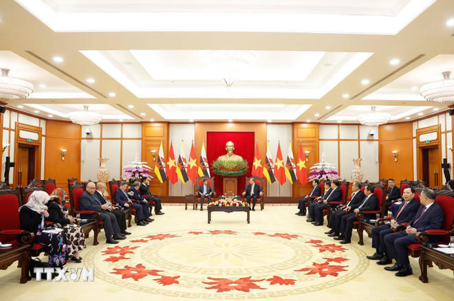 Tổng Bí thư Tô Lâm tiếp Quốc vương Brunei Haji Hassanal Bolkiah. (Ảnh: Thống Nhất/TTXVN).