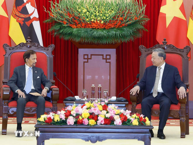 Tổng Bí thư Tô Lâm tiếp Quốc vương Brunei Haji Hassanal Bolkiah. (Ảnh: Thống Nhất/TTXVN).