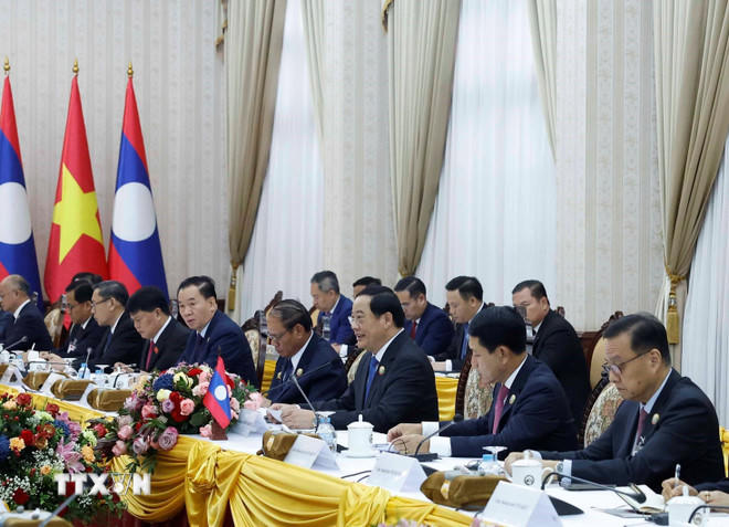 Thủ tướng Lào Sonexay Siphandone phát biểu tại cuộc hội kiến Tổng Bí thư Tô Lâm. (Ảnh: Thống Nhất/TTXVN)