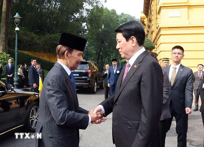 Chủ tịch nước Lương Cường đón Quốc vương Brunei Darussalam Haji Hassanal Bolkiah. (Ảnh: Lâm Khánh/TTXVN)