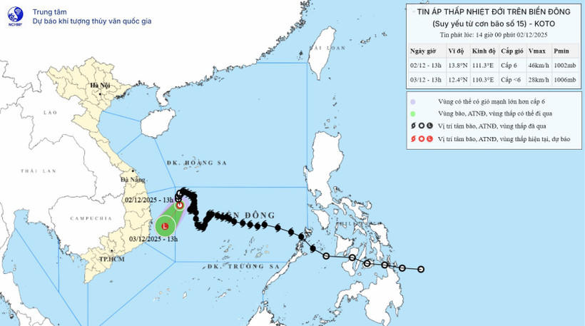 Áp thấp nhiệt đới sẽ suy yếu thành vùng áp thấp trong ngày 3/12