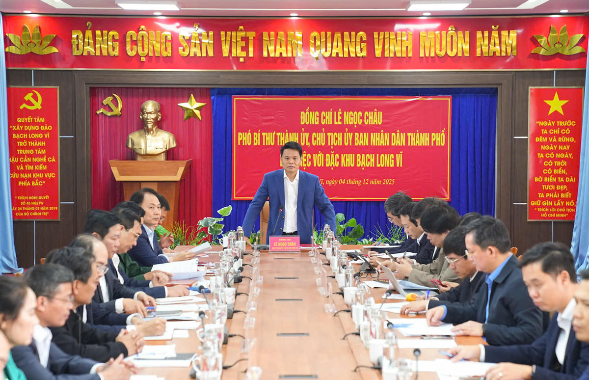 Chủ tịch UBND thành phố Lê Ngọc Châu làm việc với Đặc khu Bạch Long Vĩ. Ảnh: ĐT.&nbsp;