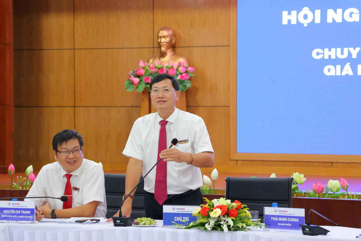 Ông Thái Minh Cương, Giám đốc Công ty Điện lực Đồng Tháp phát biểu tại hội nghị.