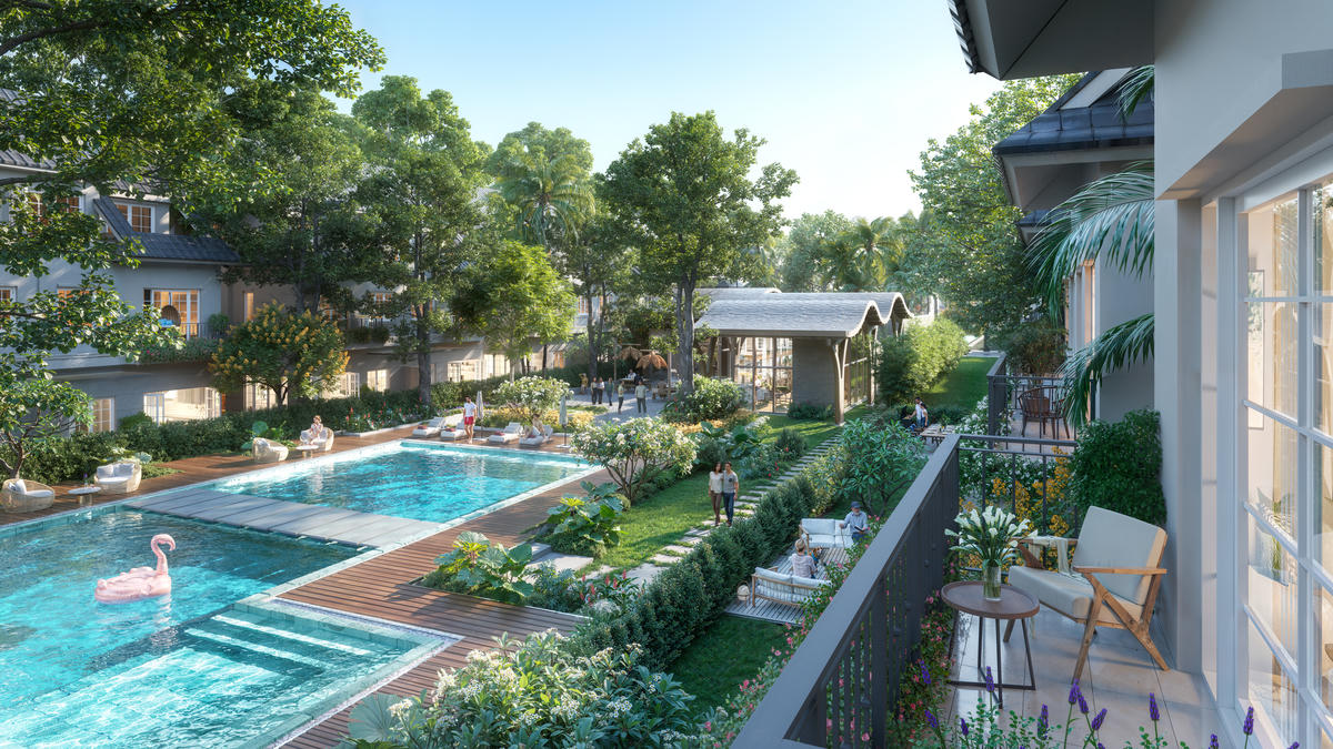 Central Island với bể bơi bốn mùa phục vụ riêng cư dân biệt thự đảo. Ảnh: ECP