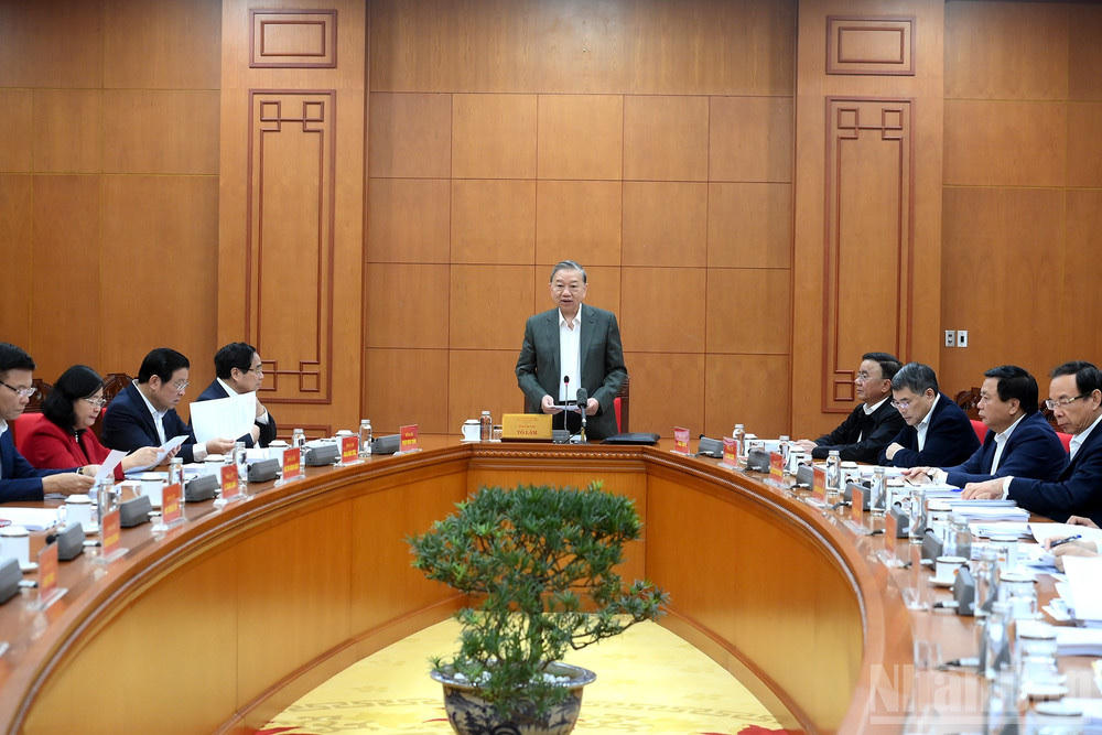 Tổng Bí thư Tô Lâm chủ trì làm việc với Thường trực các Tiểu ban Đại hội XIV của Đảng﻿. Ảnh: Đăng Khoa