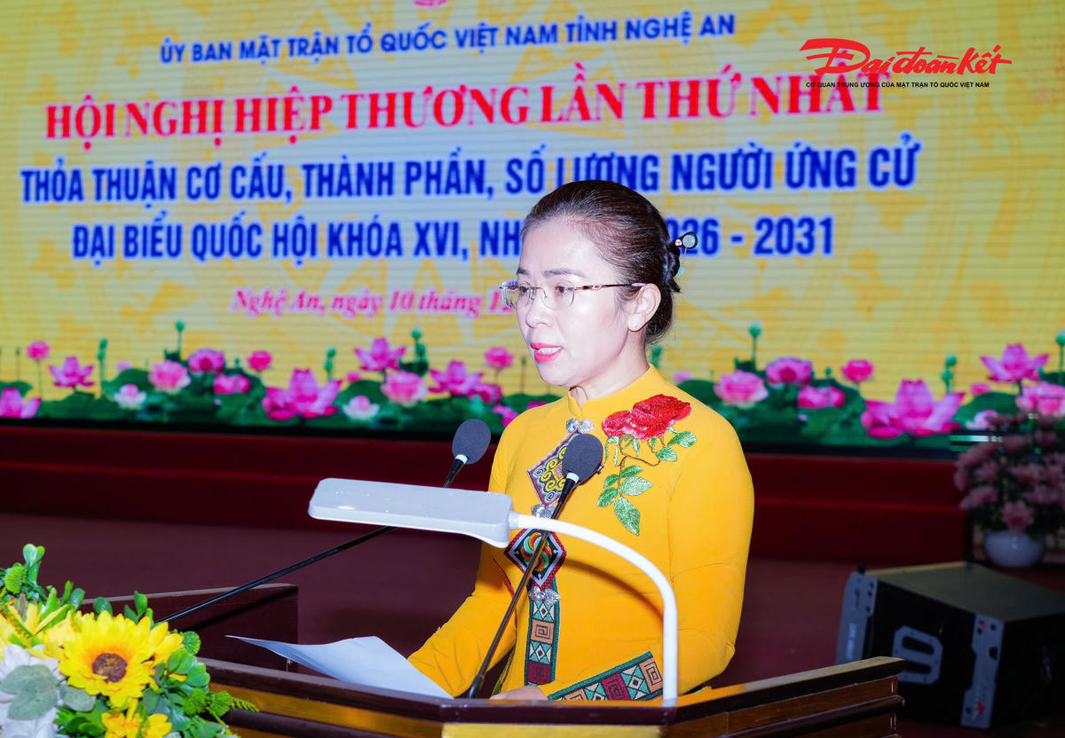 Bà Võ Thị Minh Sinh - Phó Bí thư Tỉnh uỷ, Chủ tịch Uỷ ban MTTQ tỉnh, Trưởng đoàn đại biểu Quốc hội tỉnh Nghệ An phát biểu tại hội nghị. Ảnh: ĐB