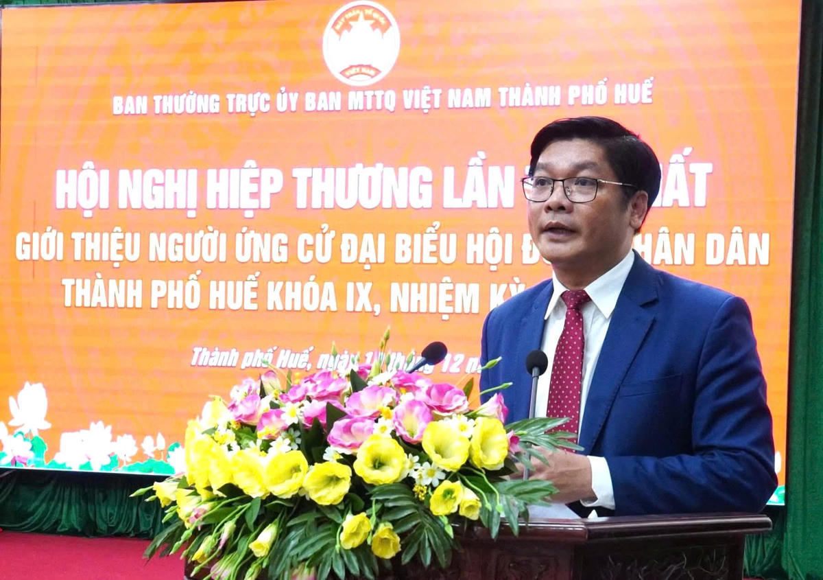 Ông Nguyễn Chí Tài - Phó Bí thư Thành ủy, Chủ tịch Ủy ban MTTQ Việt Nam thành phố Huế phát biểu tại hội nghị. Ảnh: N.T.