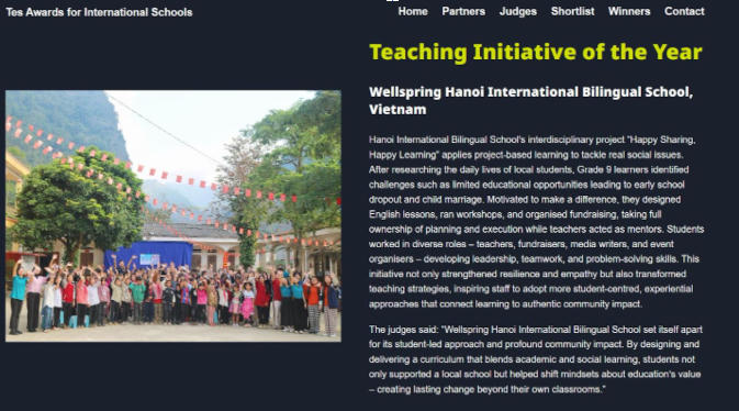 Trường Wellspring Hanoi đạt giải thưởng quốc tế hạng mục “Teaching Initiative of the Year – Sáng kiến giảng dạy xuất sắc nhất năm” tại Tes Awards for International Schools 2025. Ảnh: NTCC