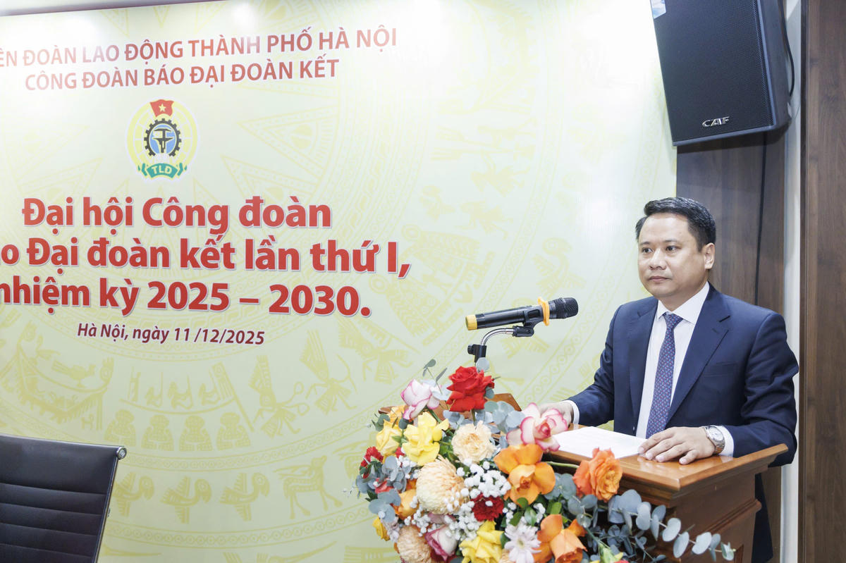 Bí thư Đảng ủy, Tổng Biên tập báo Đại đoàn kết Trương Thành Trung phát biểu tại Đại hội. Ảnh: Quang Vinh.