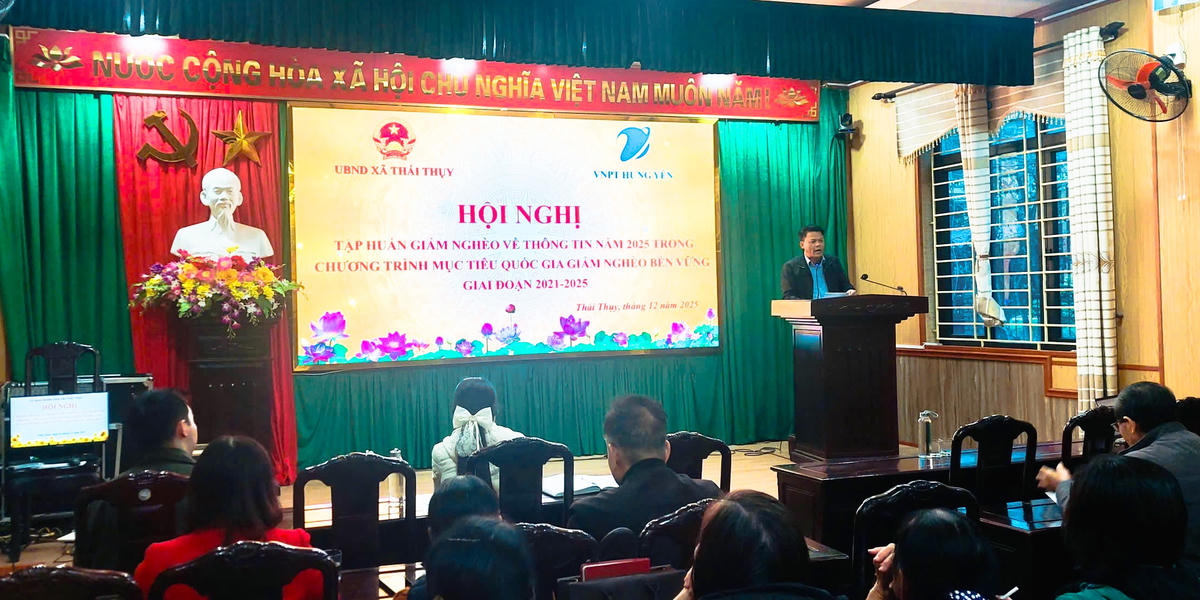Ông Phạm Quang Đản, Phó Chủ tịch UBND xã Thái Thụy phát biểu về tầm quan trọng của giảm nghèo thông tin. Ảnh: thaithuy.hungyen.gov.vn