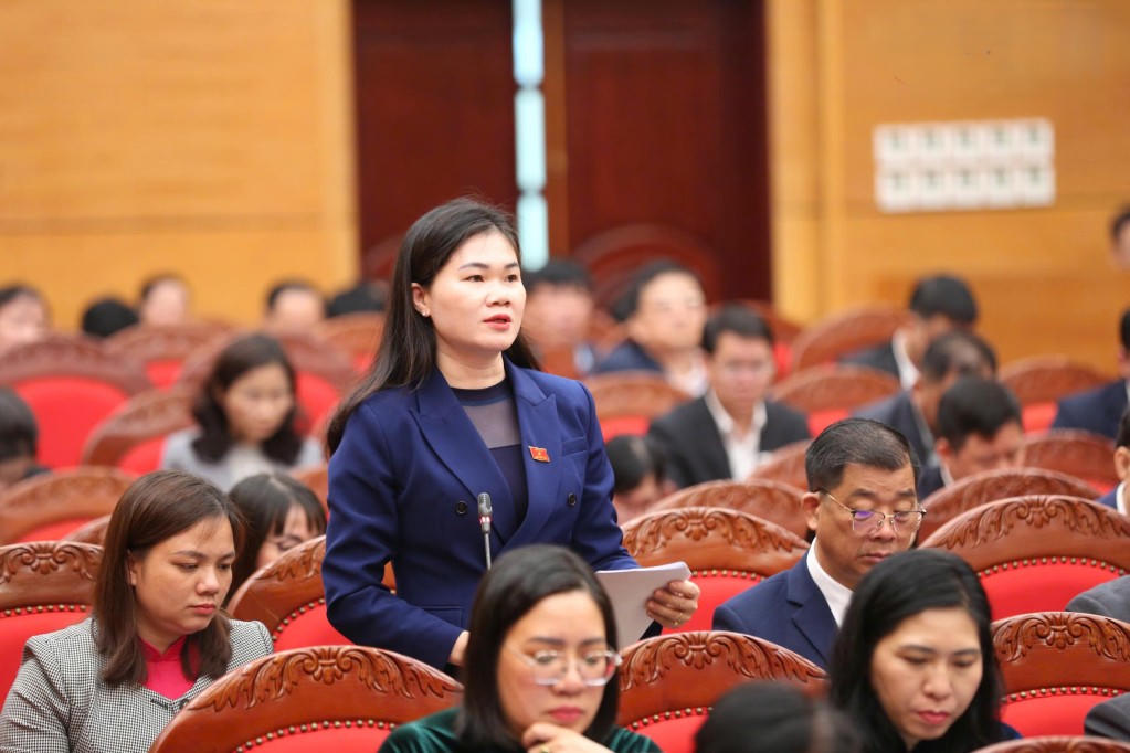 Đại biểu Lài Thị Hiền, Chủ tịch Ủy ban MTTQ, Trưởng Ban Kinh tế - Ngân sách HĐND xã Bình Liêu chất vấn về các giải pháp kéo giảm tội phạm mạng.