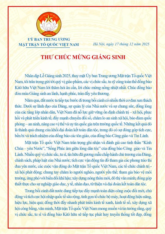 Chủ tịch Ủy ban Trung ương MTTQ Việt Nam Bùi Thị Minh Hoài gửi thư chúc mừng Lễ Giáng sinh năm 2025