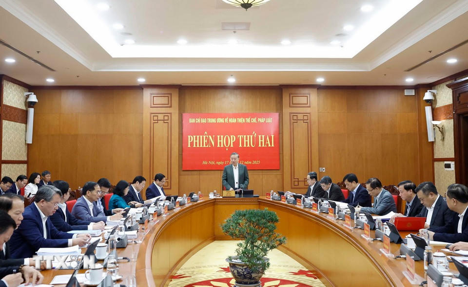 Tổng Bí thư Tô Lâm phát biểu tại phiên họp thứ hai của Ban Chỉ đạo Trung ương về hoàn thiện thể chế, pháp luật. (Ảnh: Thống Nhất/TTXVN)