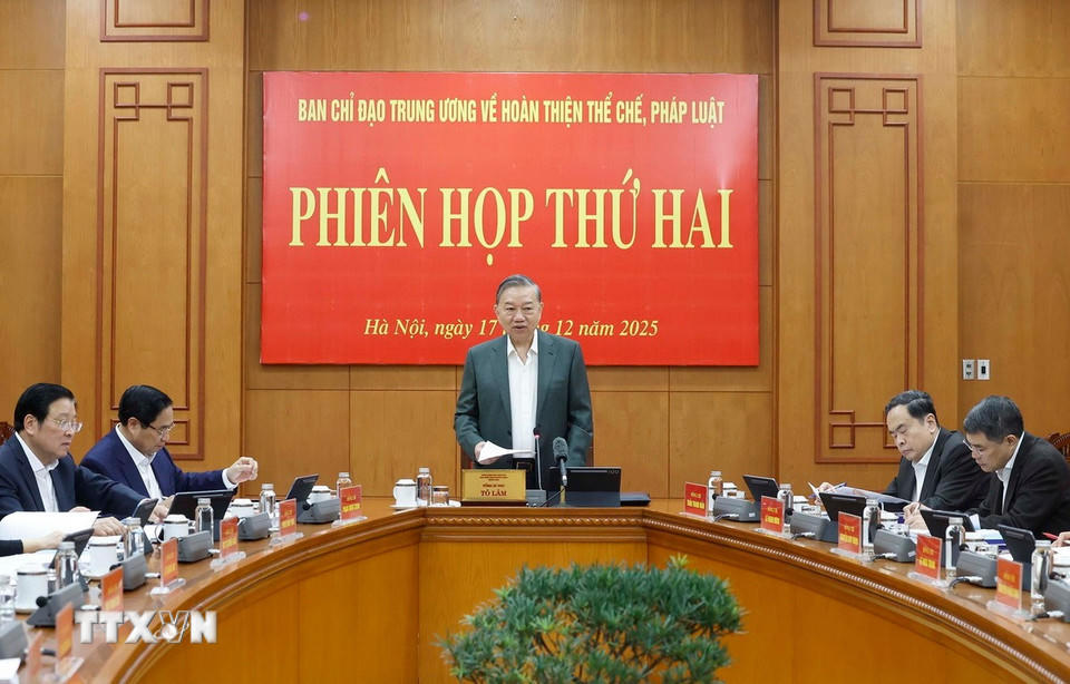 Tổng Bí thư Tô Lâm phát biểu tại phiên họp thứ hai của Ban Chỉ đạo Trung ương về hoàn thiện thể chế, pháp luật. (Ảnh: Thống Nhất/TTXVN)