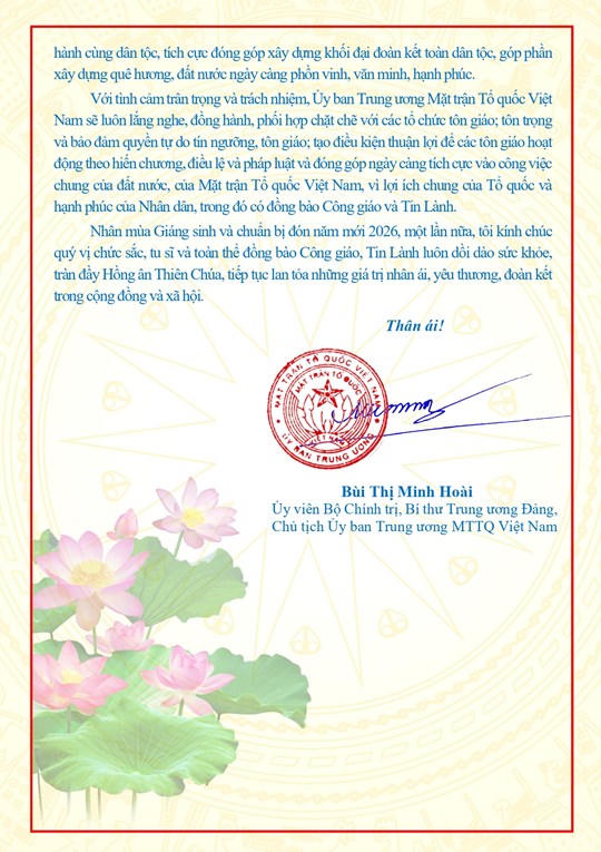 Chủ tịch Ủy ban Trung ương MTTQ Việt Nam Bùi Thị Minh Hoài gửi thư chúc mừng Lễ Giáng sinh năm 2025