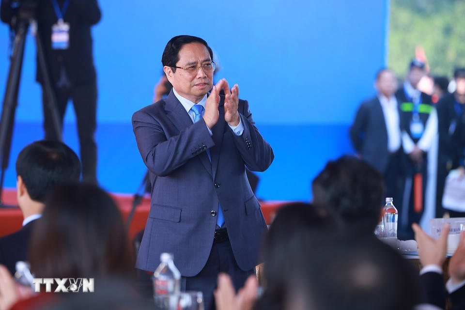 Thủ tướng Phạm Minh Chính dự khởi công Dự án đầu tư xây dựng khu đô thị thể thao Olympic, Hà Nội. (Ảnh: Dương Giang/TTXVN).