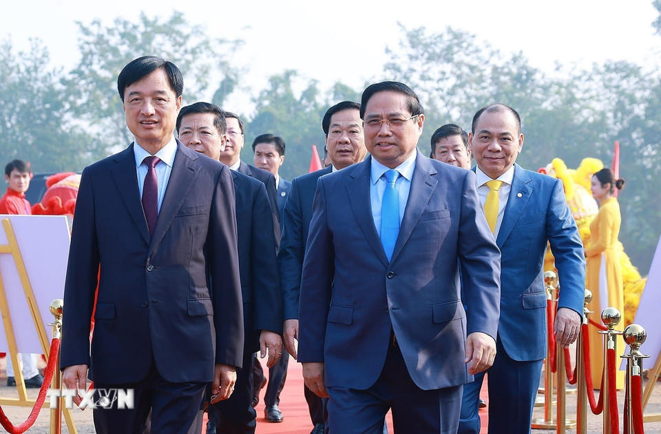 Thủ tướng Phạm Minh Chính dự khởi công Dự án đầu tư xây dựng Khu đô thị thể thao Olympic, Hà Nội. (Ảnh: Dương Giang/TTXVN).