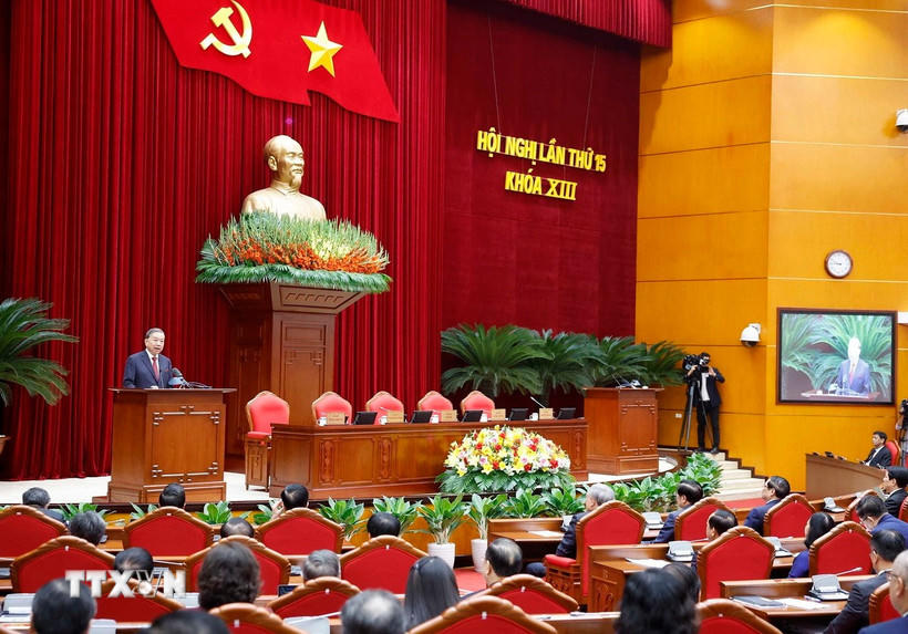 Tổng Bí thư Tô Lâm phát biểu bế mạc Hội nghị lần thứ 15 Ban Chấp hành Trung ương khóa XIII. (Ảnh: Doãn Tấn/TTXVN).
