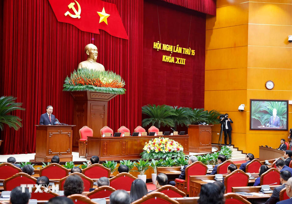 Tổng Bí thư Tô Lâm phát biểu bế mạc Hội nghị lần thứ 15 Ban Chấp hành Trung ương khóa XIII. (Ảnh: Thống Nhất/TTXVN)
