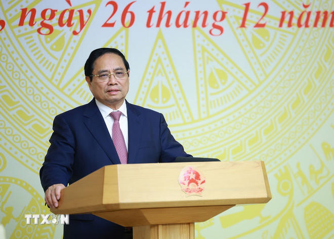 Thủ tướng Phạm Minh Chính biểu dương học sinh đoạt giải tại các kỳ thi quốc tế năm 2025. (Ảnh: Dương Giang/TTXVN).