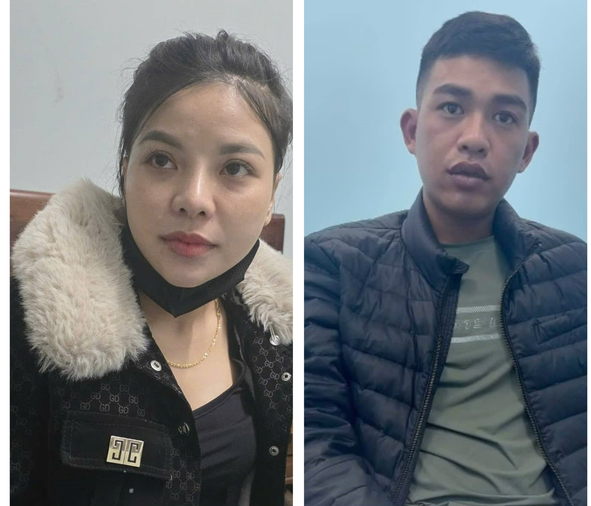 Đối tượng Hồ Thị Thủy (bên trái) và Nguyễn Hoàng Quốc Anh tại cơ quan điều tra . Ảnh: CV.