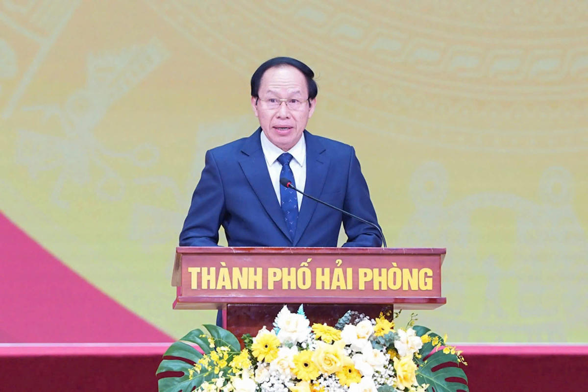 Bí thư Thành uỷ Hải Phòng Lê Tiến Châu phát biểu tại buổi lễ. Ảnh: ĐT.&nbsp;