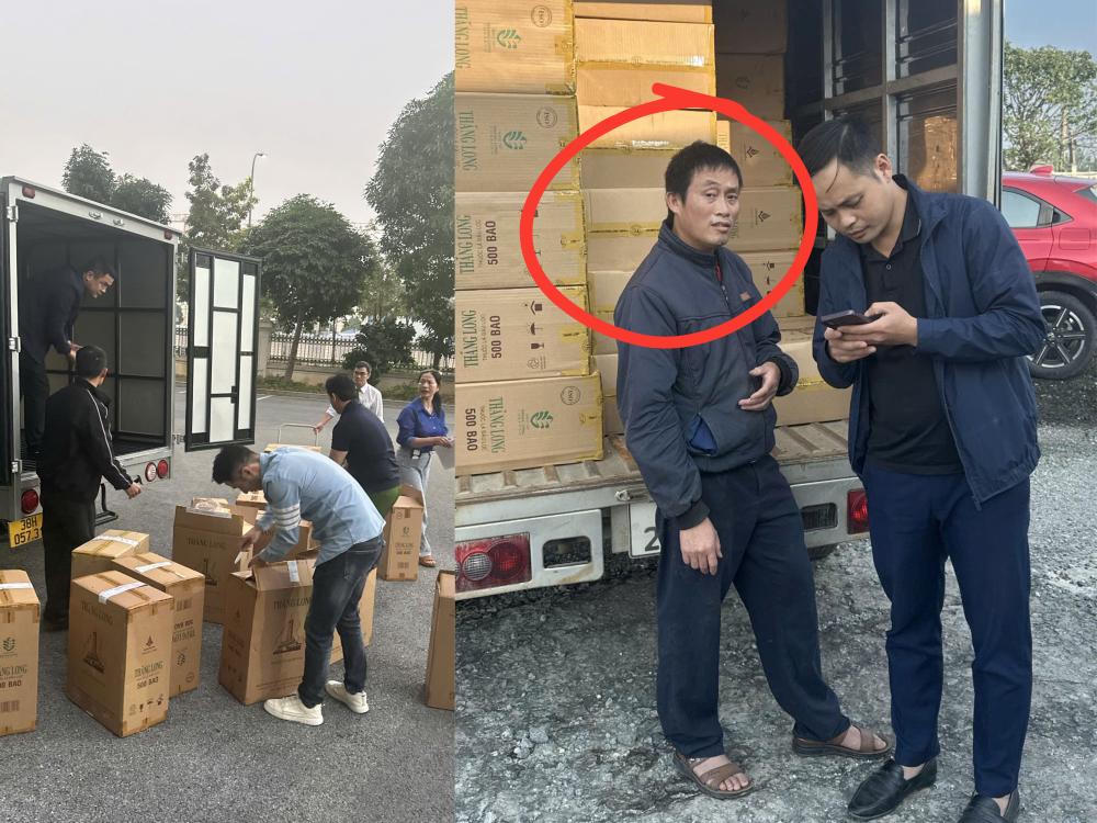 Nguyễn Đức Thọ (khoanh tròn) khai nhận đã mua số thuốc lá giả từ phía Nam, về phân phối tại các tiệm tạp hóa trên địa bàn Hà Tĩnh. Ảnh: CAHT.