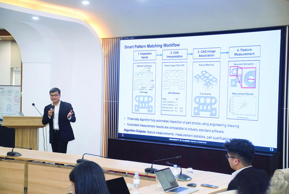 GS Đỗ Ngọc Minh diễn thuyết tại Đại học Công nghiệp Hà Nội trong khuôn khổ Tuần lễ Khoa học Công nghệ VinFuture 2025. Ảnh: NVCC