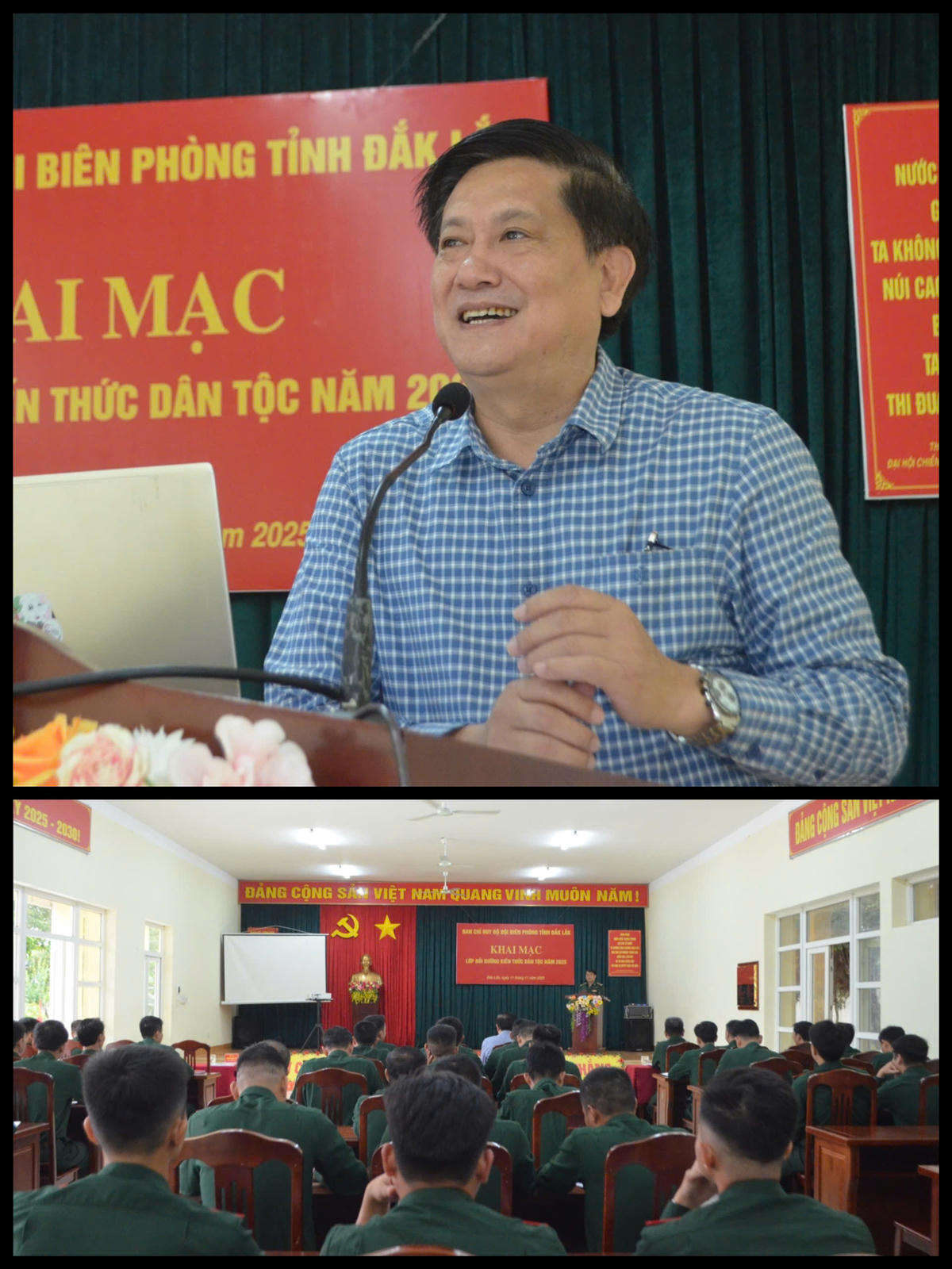 Phó Giám đốc Sở Dân tộc và Tôn giáo tỉnh Đắk Lắk Lê Ngọc Vinh trình bày chuyên đề về cộng đồng các DTTS và quan hệ dân tộc ở Việt Nam cho đội ngũ sĩ quan, quân nhân chuyên nghiệp đang trực tiếp công tác tại cơ sở, thường xuyên tiếp xúc, tuyên truyền, vận động đồng bào DTTS trên địa bàn khu vực biên giới. Ảnh: TL