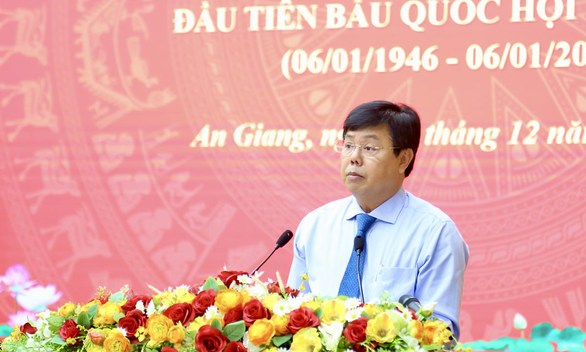 Bí thư Tỉnh uỷ An Giang Nguyễn Tiến Hải phát biểu tại Hội nghị. (ảnh: Thanh Tiến)