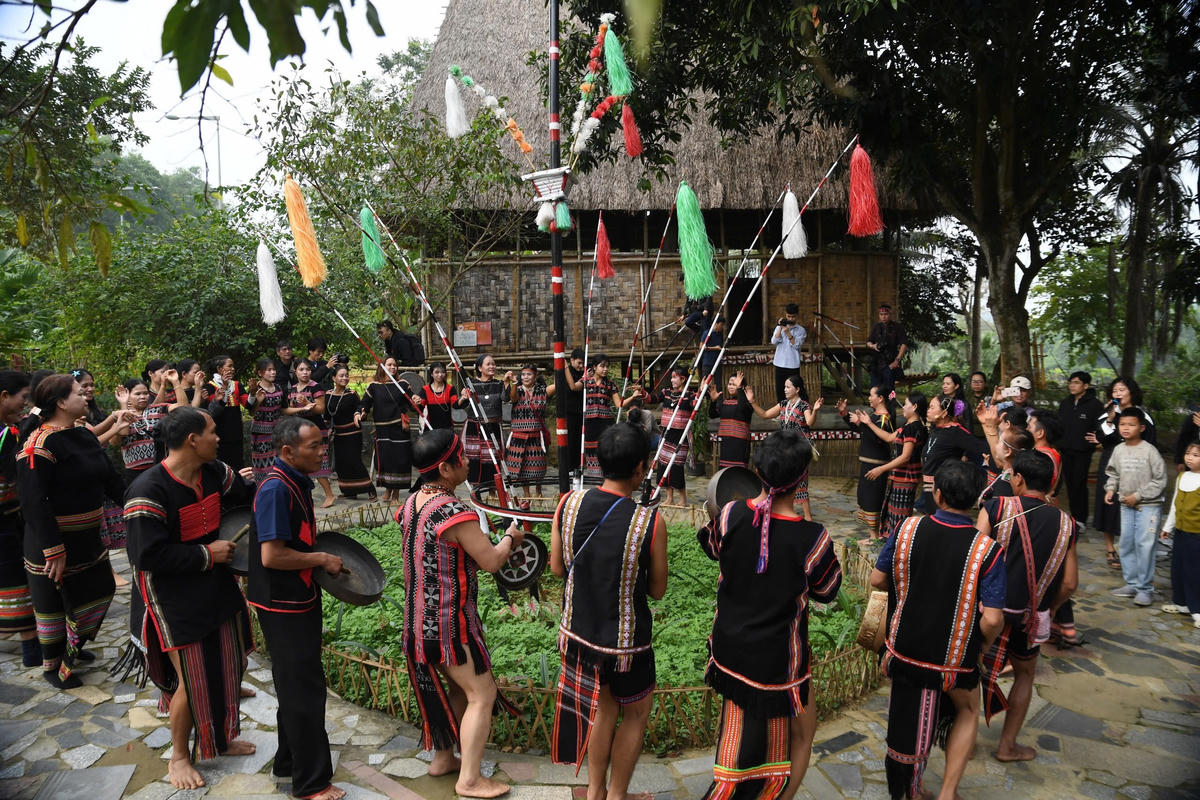 Lễ cưới được tái hiện gắn với chàng trai A Chương và cô gái Đinh Thị Nha. Nhà gái ở làng dân tộc Ba Na và nhà trai ở làng dân tộc Xơ Đăng. Tham gia tái hiện là các nhóm đồng bào đang hoạt động hằng ngày tại Làng: phía nhà trai gồm đồng bào Xơ Đăng, Gia Rai, Ê Đê và Raglai; phía nhà gái gồm đồng bào Ba Na, Tà Ôi và Cơ Tu, tạo nên một không gian cộng cảm, vừa trang nghiêm vừa rộn ràng, đậm sắc màu Tây Nguyên. Ảnh: Phạm Sỹ.