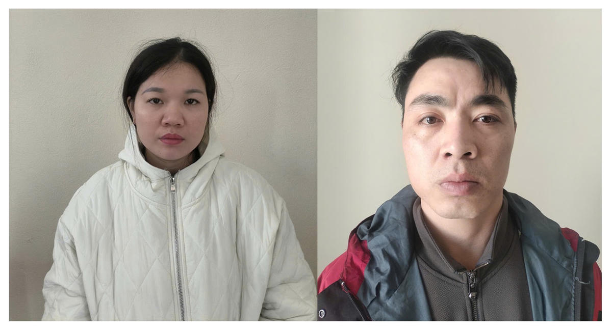 Vợ chồng Ngô Đức Quân và Bùi Thị Linh tại cơ quan điều tra. Ảnh: CATH